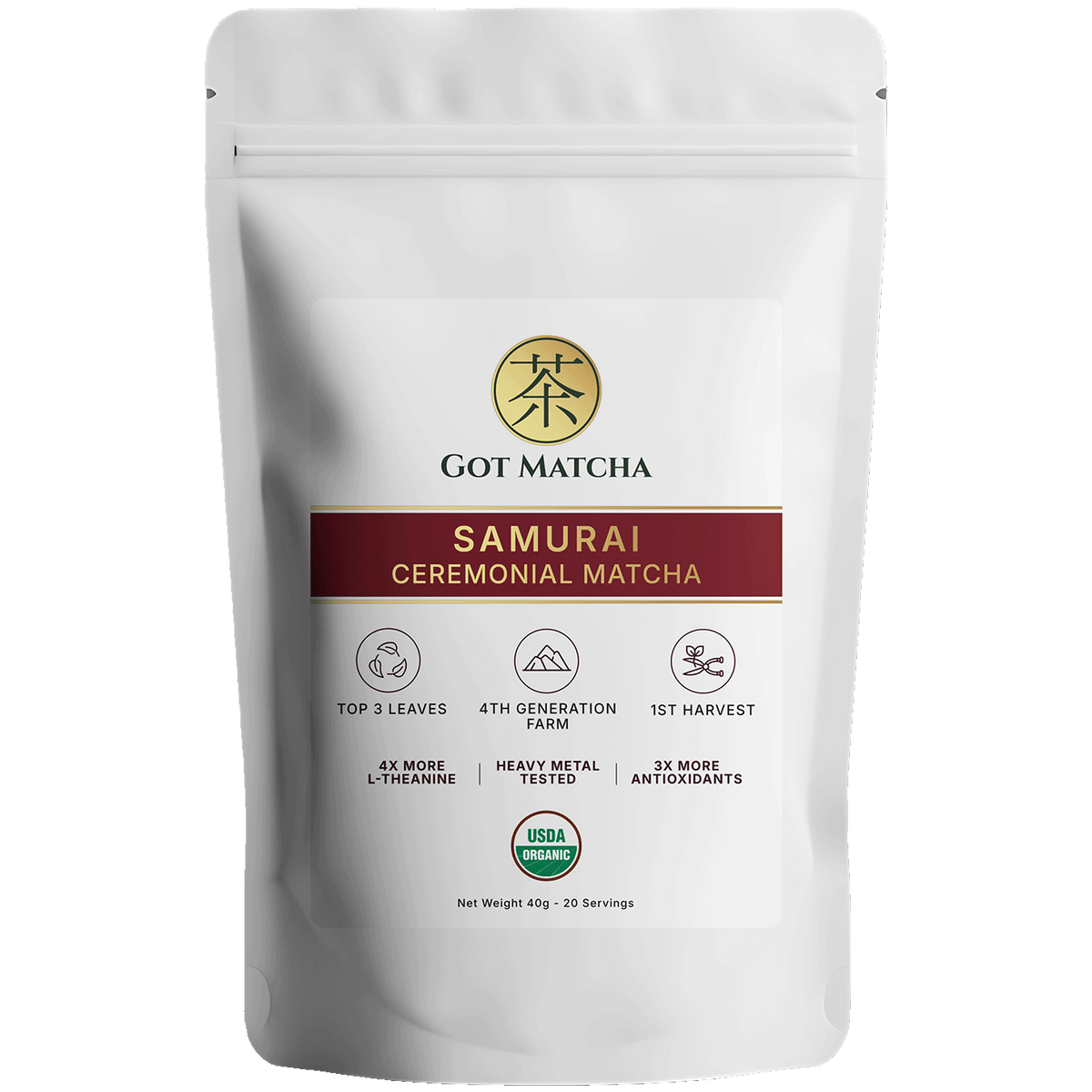 Got Matcha Samurai Ceremonial Matcha — front label, 40g resealable pouch