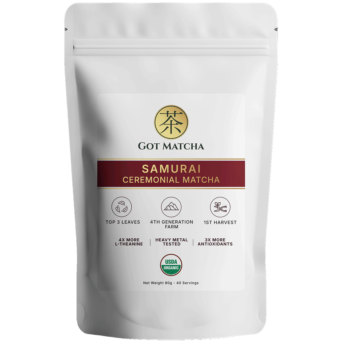 Got Matcha Samurai Ceremonial Matcha — front label, 80g resealable pouch