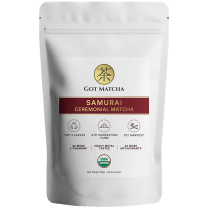 Got Matcha Samurai Ceremonial Matcha — front label, 80g resealable pouch