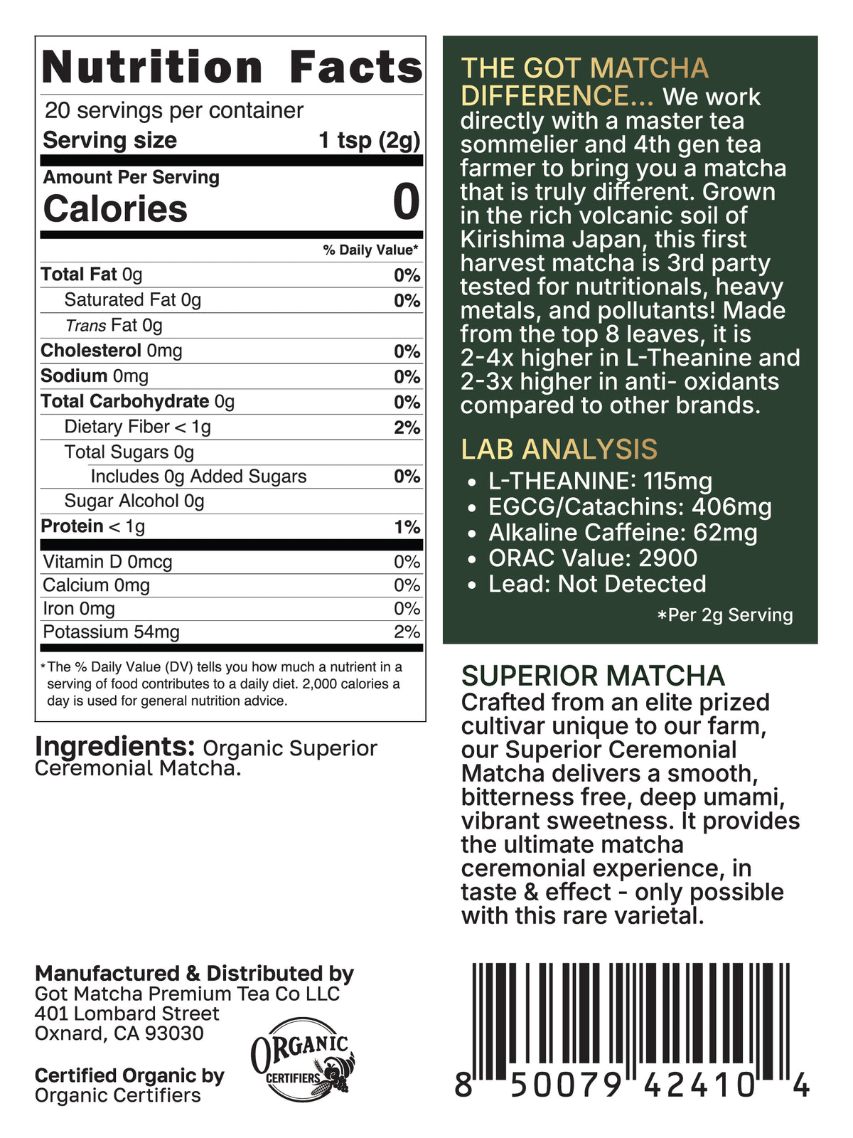 Got Matcha Superior Ceremonial Matcha — back label with nutrition facts