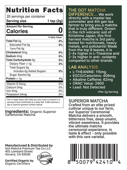 Got Matcha Superior Ceremonial Matcha — back label with nutrition facts