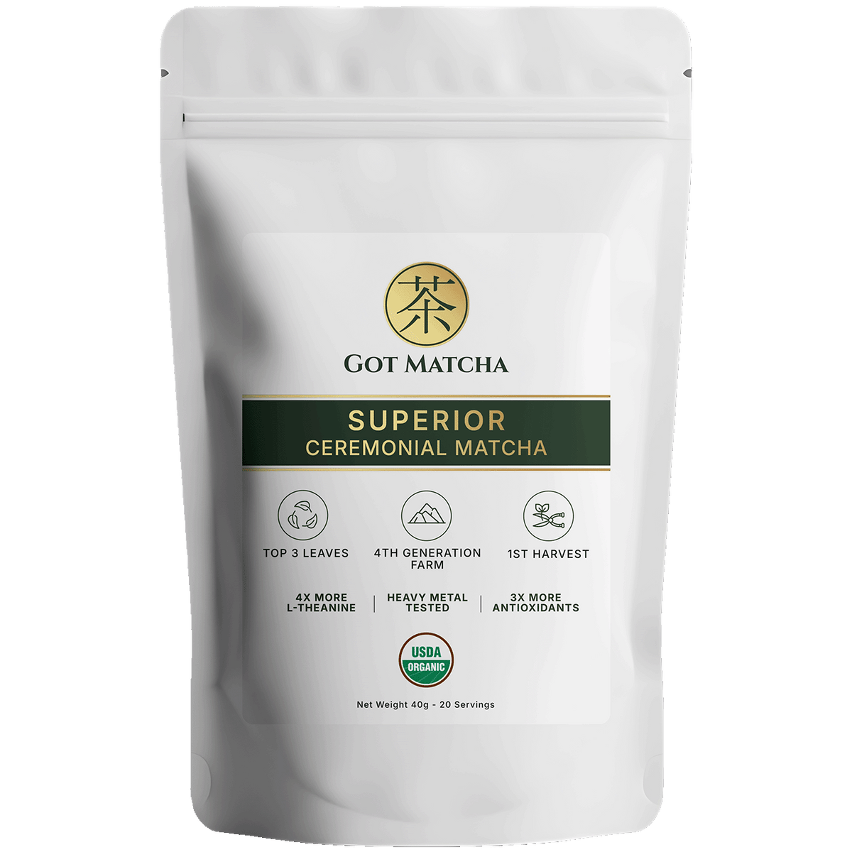 Got Matcha Superior Ceremonial Matcha — front label, 40g resealable pouch