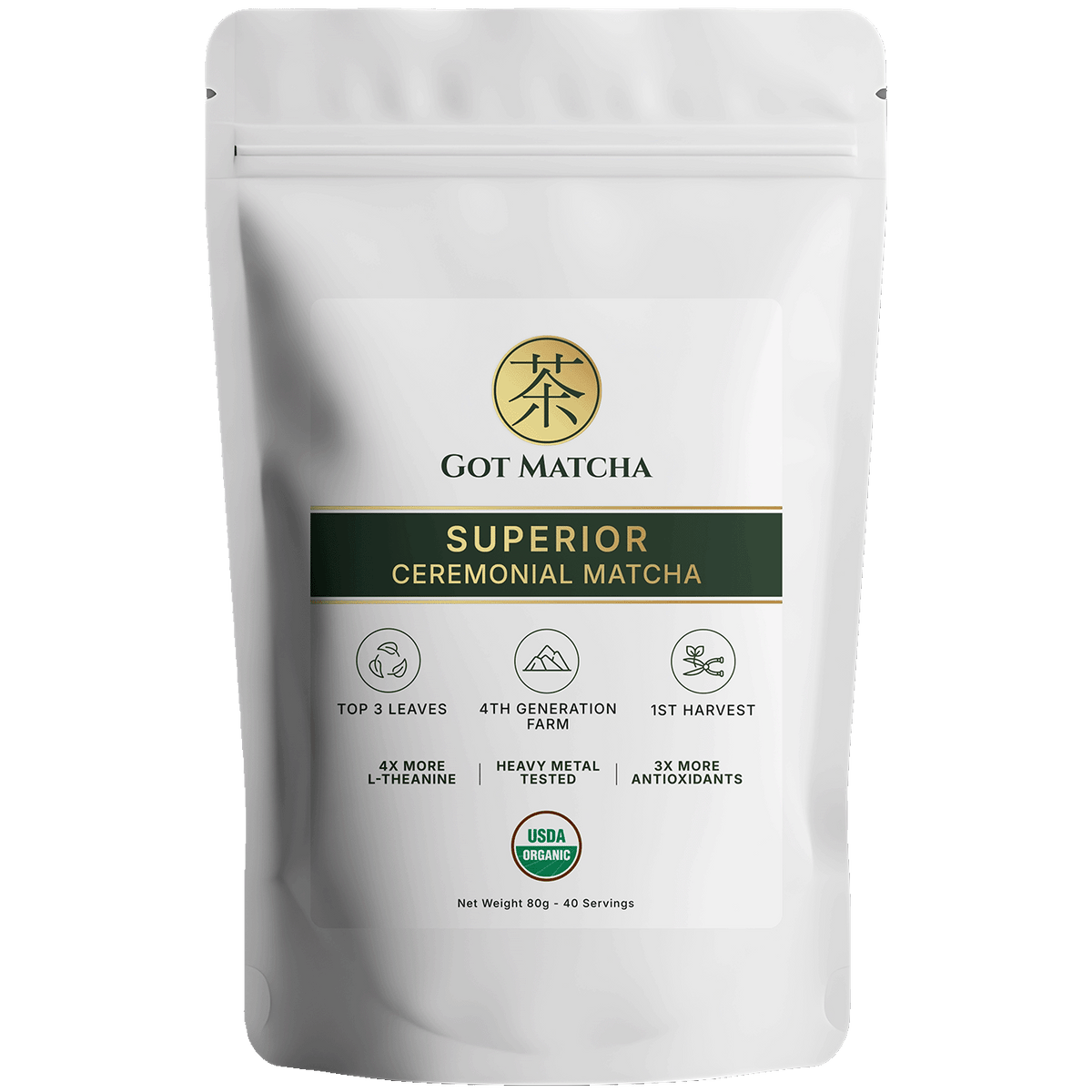 Got Matcha Superior Ceremonial Matcha — front label, 80g resealable pouch